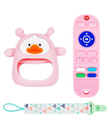 Baby Teething Toys 2 Pack Soothing Hand Pacifier Teethers for Babies 0-6 Months Soft Remote Control Teethers for Babies 6-12 Months Infant Toys Baby Chew Toys for Sucking Needs BPA Free (Pink) Pink Duck + Pink Remote...