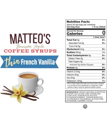 Matteo's Barista Style Sugar Free Coffee Syrup - Zero Calories Keto-Friendly Coffee Syrups & Flavors - USA-Made Kosher Sugar Free Coffee Flavoring Syrup For Home & Work (French Vanilla 25.4 Oz 2-pk) 750 ml (Pack of 2) Coffee Syrup - Buy Online on GoSupps.com