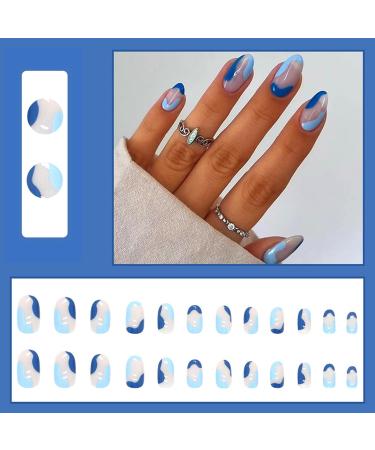 24Pcs Short French Almond False Nails - Blue Wave Press On Acrylic Full Cover Stick On Nails for Women - Oval Glossy Fake Nails with Glue Stickers - DIY Manicure - Buy Online on GoSupps.com