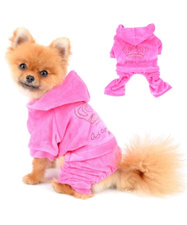 SELMAI Dog Hoodies Jumpsuit for Small Dog Cat Puppy Rhinestone Crown Soft Velvet Winter Hooded Pajamas Tracksuit Outfits Sportswear Jacket with Hat Training Outdoor XS (Neck: 7.5", Girth: 11.5", Back: 7.5") Pink 1