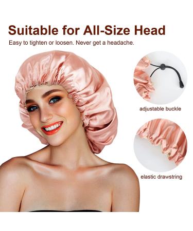 Atudew Satin Bonnet 2PCS for Black Women - Silk Hair Cap for Curly Hair, Sleeping, and Night - Adjustable Black & Pink - Buy Online on GoSupps.com