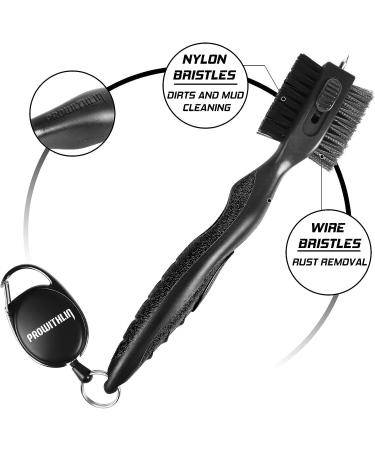 Golf Club Brush & Groove Cleaner 2-in-1 | Retractable Zip-line & Sharp Pick | Metal Buckle | Nylon & Wire Bristles | Black Upgraded - Buy Online on GoSupps.com