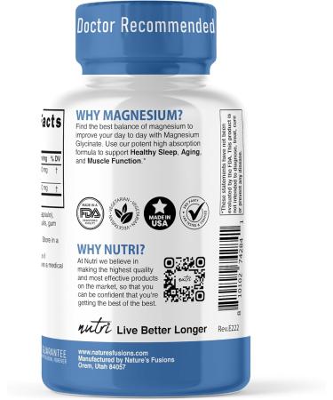 Nature's Fusions Nutri Pure Magnesium Glycinate 3680mg - (Provides 480mg Elemental Magnesium) Chelated for High Absorption Non-Buffered for Maximum Potency 120 Capsules 120 Count (Pack of 1) - Buy Online on GoSupps.com