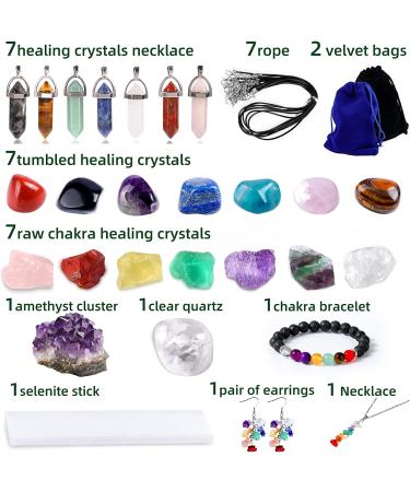 Complete Healing Crystals Set: 7 Chakra Stones, 7 Tumbled Stones, 7 Crystal Necklaces, Amethyst, Selenite, Clear Quartz, 3 Crystal Jewelry Pieces - Includes 2 Storage Bags and 7 Jewelry Ropes - 36 PCS - Buy Online on GoSupps.com