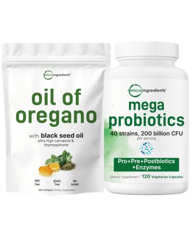 Micro Ingredients Oil of Oregano Softgels & Mega Probiotics 200 Billion CFU Veggie Capsules | 2 Pack Bundle | 4X Strength Thymoquinone + Black Seed | 40 Strains + Inulin Acacia & Bromelain