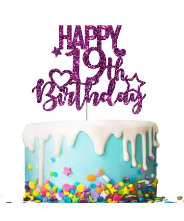 Tenhaisi Glitter Purple Happy 19th Birthday Cake Topper 19 & Fabulous Cake Topper - 19th Happy Birthday Food Picks - Cheers to 19 Years Birthday/Wedding Anniversary Party Supplies