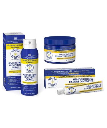 Doctor Butler's Hemorrhoid Treatment Bundle - Includes Hemorrhoid & Fissure Ointment with Lidocaine Hemorrhoid Spray with Witch Hazel and Epsom Bath Salts to Help Reduce Irritation