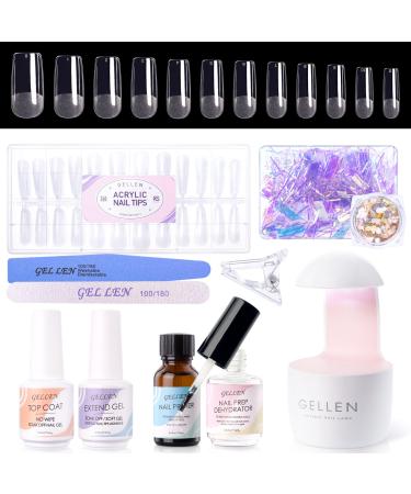 Gellen Nail Tips and Glue Gel Kit, Gel x Nail Kit 240Pcs Square Nail Tips Clear Fake Nails, 3 In 1 Nail Glue Gel, LED Nail Lamp, Nail Art Decorations Manicure Tools, All-In-One Gel Nail Extension Kit C-Square