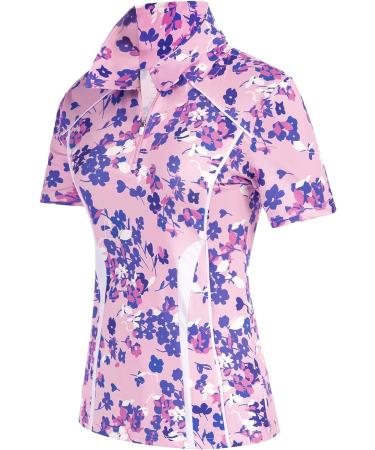 JACK SMITH Women's Golf Polo Shirt | Short Sleeve Moisture Wicking Zipper Top | Pink-floral, Large - Buy Online on GoSupps.com