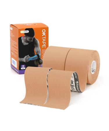 OK TAPE Basic Original Cotton Kinesiology Tape (2 Pack) Elastic Water Resistant Therapeutic Athletic Tape Latex Free Pain Relief Injury Recovery Uncut K Tape 2in 16.4ft - Beige 2 Rolls Beige