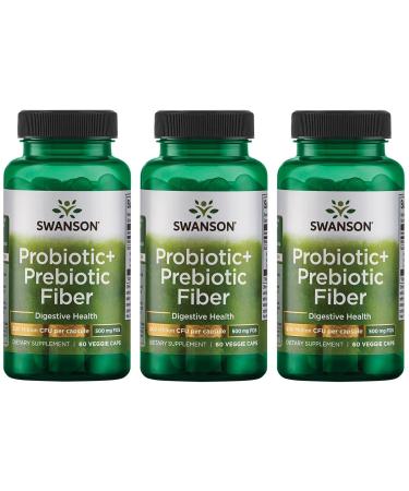 Swanson Prebiotic + Probiotic Fiber - Natural Supplement Promoting Digestive System & Immune Health Support - Aids Regularity & GI Tract Health - (60 Capsules 500 Million CFU Each) (3 Pack)