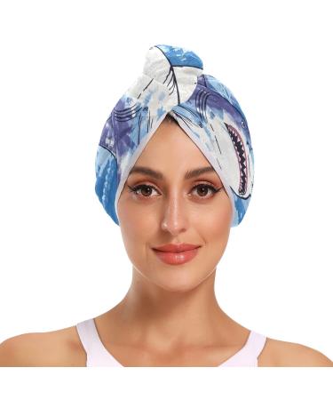 Shark Blue Hair Towel 2 Pack Super Absorbent Hair Drying Towel Quick Dry Hair Turbans Head Towel with Button Twisty Wrap for Women Girls