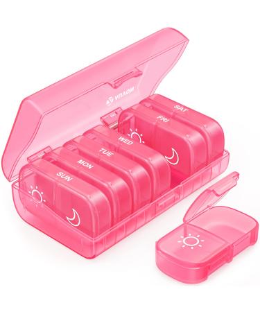 AUVON XL Weekly Pill Organizer 2 Times a Day with One-Side Large Opening Design for Easy Filling AM PM Pill Box 7 Day Portable Travel Pill Case for Medication Vitamins Fish Oils Supplements A-pink