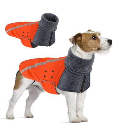 Slowton winter dog coat warm polar trap food dog outdoor jacket with turtleneck scarf reflective strip adjustable waterproof windproof outfits for small medium -sized dogs s orange