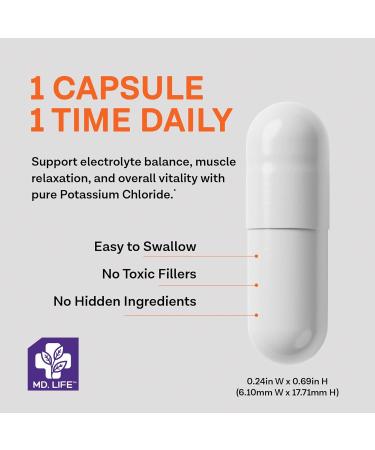 MD Life Potassium Chloride Supplement - Third Party Lab Tested - 99mg 90 Count - Potassium Chloride Capsules May Help Support Muscle Function & Healthy Blood Pressure Vegetarian Potassium Supplement - Buy Online on GoSupps.com