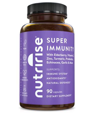 NutriRise Immunity Complex Immune Support Supplement Vitamin C E B6 Zinc Turmeric Curcumin Elderberry L-Glutamine Echinacea 7.2 Billion CFU Probiotics for Gut Health for Men & Women 90 Count