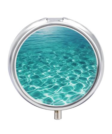 Round Pill Box Blue Aqua Pool Water Print 3 Compartment Medicine Pill Case Print Pill Organizer Decorative Metal Portable Pill Box Pocket Pill Box Style