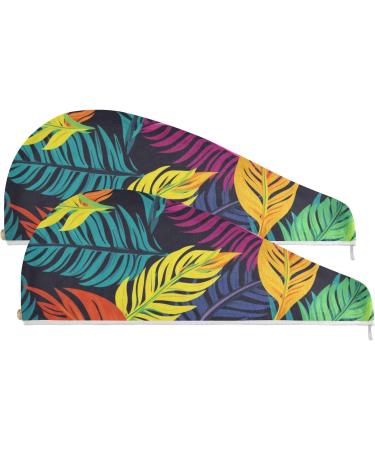 Colorful Leaves Hair Towel 2 Pack - Super Absorbent Quick Dry Hair Turbans | Stylish Head Towels with Button Wrap for Women & Girls - Buy Online on GoSupps.com