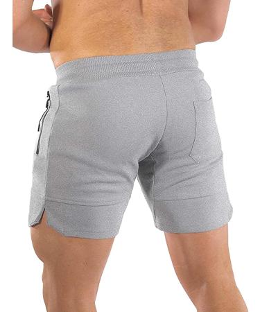 BUXKR Men's 5 Inch Quick Dry Gym Workout Shorts with Zipper Pockets - Light Grey, Medium - Buy Online on GoSupps.com