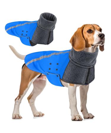 Slowton winter dog coat warm polar trap lining dogs outdoor jacket with turtleneck scarf reflecting stripes adjustable waterproof windproof outfits for small medium -sized dogs m+ blue