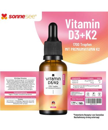  sonnesee Sonnesee Vitamin D3/K2 Drops - 25 g D3 & 20 g K2 MK7 - 1700 drops (50 ml) - Plant-based D3 from lichen - MCT oil - Plant - Buy Online on GoSupps.com