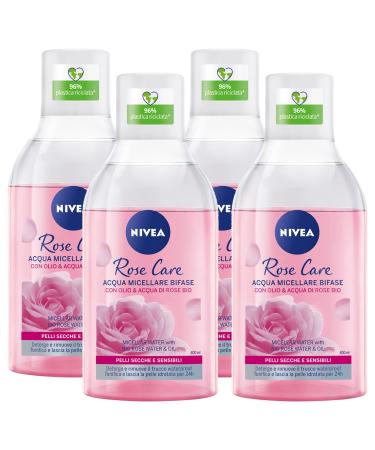 NIVEA Nivea Two-Phase Micellar Water with Oil and Rose Water Biphasic Organic Makeup Remover for Long-Lasting Makeup and Waterproof Delicate Face Wash on Eyes and Eyelashes - 4 x 400ml Bottles