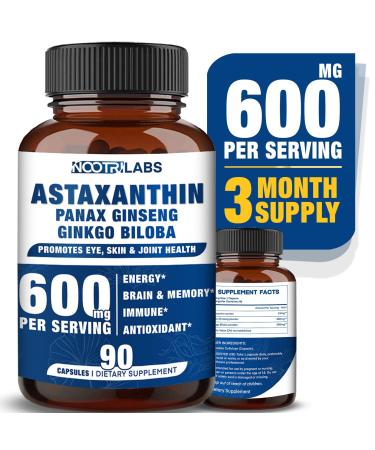 Astaxanthin 15mg + Panax Ginseng Ginkgo Biloba Supplements 90 Vegan Capsules Promotes Eye Skin Joint Health Energy Cardiovascular Support + Immune Defense Focus Memory and Mental Performance
