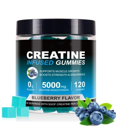 Creatine Monohydrate Gummies 5000 mg 120 Sugar-Free Vegan Creatine Chews for Women and Men - Creatine Supplement for Daily Routine - Blueberry Flavor