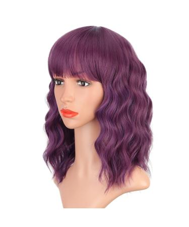 ENTRANCED STYLES Fuchsia Mixed Purple Wigs for Women Medium Length Short Wavy Curly Bob Wig with Bangs Colored Wigs for Girls Heat Resiatnt Synthetic Costume Party Cosplay Wig