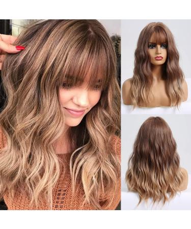 Ombre Brown with Bangs Long Wavy Bob Wig Shoulder Length Wig Ombre Auburn Root Brown Wigs for Women Natural Looking Synthetic Wig for Women Auburn Root to Brown