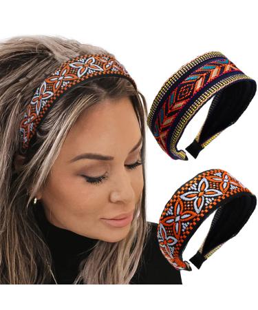 Sinalty Boho Wide Headbands Embroidery Hairbands Ethnic Turban Head Band African Printed Hair Band for Women Pack of 2 (Vintage)