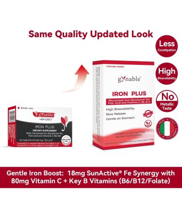Gentle Iron Supplement for Women Anemia: Slow Release Iron Pills Clinically Shown to Support Iron for Prenatal Pregnant Patented SunActive Tech with Folic Acid B12 Vitamin C & B6 18 mg 20 Tablets - Buy Online on GoSupps.com