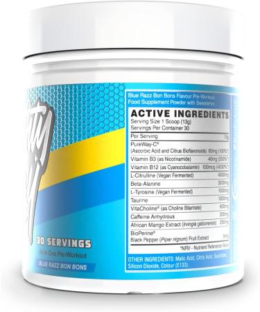 Naughty Boy High Energy Pre Workout Powder with Beta Alanine Citrulline & Caffeine Supplements for Men & Women Clinically Dosed Energy Drink- 390g/30 Servings (Blue Razz Bon Bons) - Buy Online on GoSupps.com