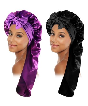Homiton 2Pcs Silk Bonnet Long Braids Bonnet with Elastic Tie Band Satin Curly Hair Bonnet for Sleeping (Black+Purple)