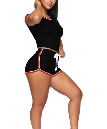 WIHOLL Women's Casual 2 Piece Short Sleeve Outfits Set - Black XL - Buy Online on GoSupps.com