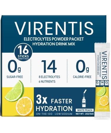 VIRENTIS 16 Sticks Electrolytes Powder Packets Sugar Free Hydration Packets, Liquid Daily IV Electrolyte Drink Mix for Rehydration with 8 Electrolytes & 6 Vitamins, 0 Calorie, Low Sodium, Lemon Lime