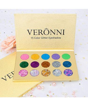 VERONNI Glitter Eyeshadow Palette - 15 Colors Matte Shimmer Glitter | High Pigment Eye Shadow Palette for Stage & Halloween Makeup - Buy Online on GoSupps.com