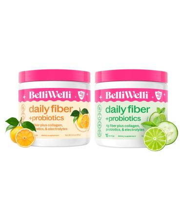 Daily Fiber Supplement Bundle with Added Collagen Probiotics & Electrolytes - Cucumber Lime Mint & Orange Yuzu Mandarin Flavors - Supports Digestive Health Debloating & Hydration - 32 Servings Total