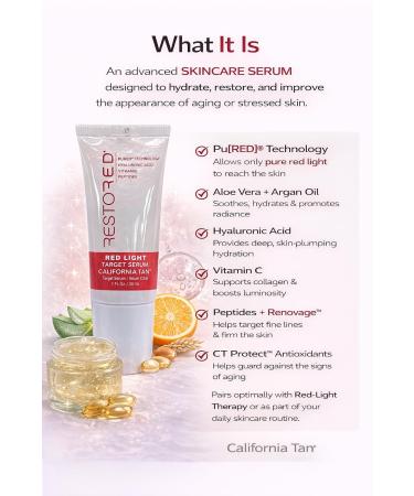 Restored Target Serum Red Light Therapy 1 oz Hydrating Anti-Aging Serum with Hyaluronic Acid Vitamin C Peptides for Face & Body - Buy Online on GoSupps.com