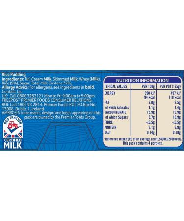 Ambrosia Devon Original Rice Pudding 4 x 125g Pots - Ready-to-Eat (Pack of 1) - Buy Online on GoSupps.com