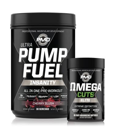 PMD Sports Ultra Pump Fuel Insanity - Pre Workout Cherry Slush (30 Servings) Sports Omega Cuts Elite Thermogenic Fat Burner (90 Softgels)