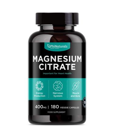 Magnesium Citrate Powder Capsules 400mg  180 Count Pure Non-GMO Supplements  Natural Sleep Calm Relax - Made in The USA