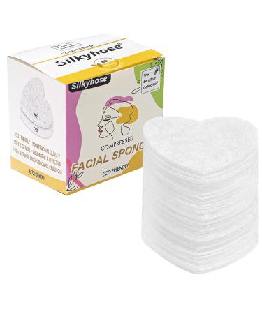 Women 60-Count Compressed Cellulose Heart Shape Face Facial Sponges 100% Natural Cosmetic Sponges for Facial Cleansing Exfoliating Mask Skin Massage (White)