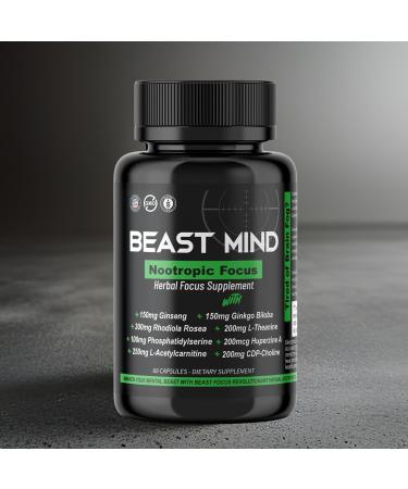 Beast Mind Focus Clarity Nootropic Blend | Ginkgo Biloba | Huperzine A | Rhodiola | Citicoline | L-Theanine | Enhanced Focus & Clarity & Cognitive Function Labs - Buy Online on GoSupps.com
