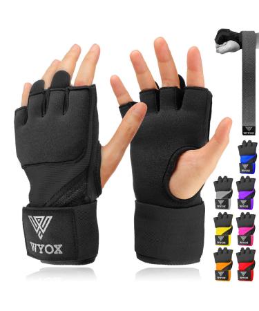 WYOX Gel Quick Hand Wraps for Boxing MMA Kickboxing - EZ-Off & On - Padded Knuckle with Wrist Wrap Protection for Men Women Youth Black S-M