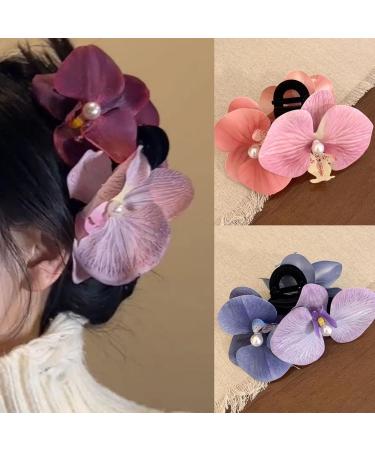 Bow Orchid Flower Decor Hair Claw Faux Pearl Inlaid Flower Hair Grip Secure Hold Back Head Hair Claw Hair Accessories Purple - Buy Online on GoSupps.com