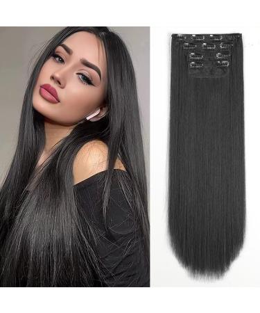 YDDM Hair Extensions Clip in Extensions Black smooth hair extension full of head like real hair hair extreme clips cheap clip extensions synthetic hair part for women (24-inch 4PCs) 24 inch-straight a (1b#)