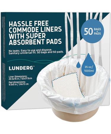 Lunderg Commode Liners with Absorbent Pads - Value Pack Medical Grade 50 Count Universal Fit - Disposable Bedside Commode Liners and Pads for Adult Commode Chairs, Portable & Camping Toilet Bags