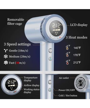 Hair Dryer TECHMERI Ionic Blow Dryer 110 000 RPM High-Speed Brushless Motor Professional Hair Blow Dryer for Fast Drying Thermo-Control Hair Dryers with Nozzle LCD Display Silver Blue - Buy Online on GoSupps.com