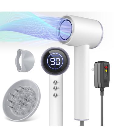 Hair Dryer Blow Dryer with Diffuser 110000RPM High-speed Professional Blow Dryer for Fast Dry Ionic Hair Dryer with Magnetic Nozzle&LED Display Portable Hair Dryer for Salon Home Travel-Pearl White Pearl White Dual nozzles(Concentrator&Diffuser)